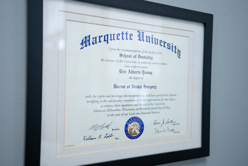 Marquette University dental degree displayed at Mill Pond Dental